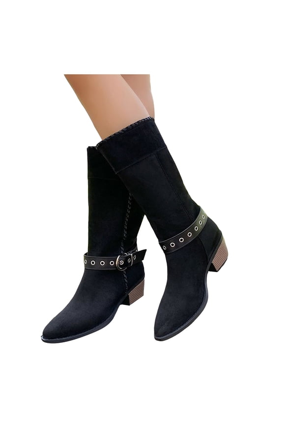 Suede Work Boots for Women Wide Calf Pointed Toe Knee High Booties with Metal Buckle Strap