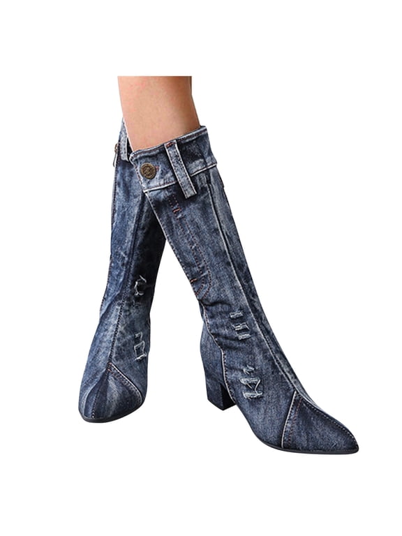 Vintage Denim Knee High Boots for Women Fashion Pointed Toe Mid Block Heel Riding Booties
