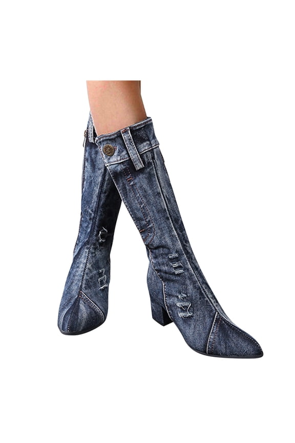 Vintage Denim Knee High Boots for Women Fashion Pointed Toe Mid Block Heel Riding Booties