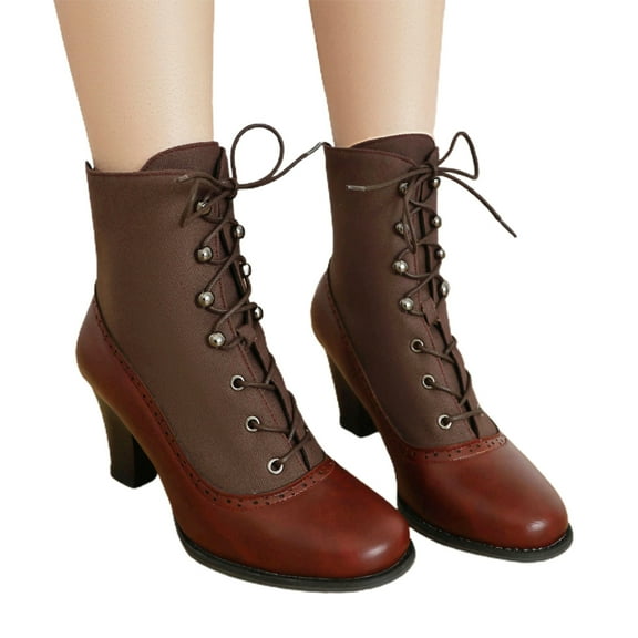 Chenyee Vintage Mid Calf Boots for Women Kitten Heel Pointed Toe Lace Up Dress Ankle Booties
