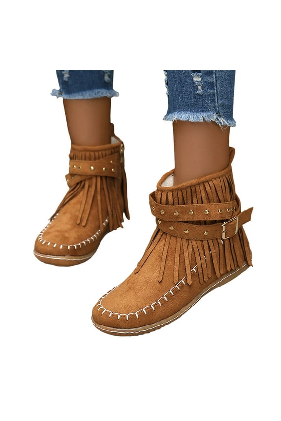 Vintage Tassel Ankle Boots for Women Wide Calf Side Zipper Slip On Flat Suede Short Booties