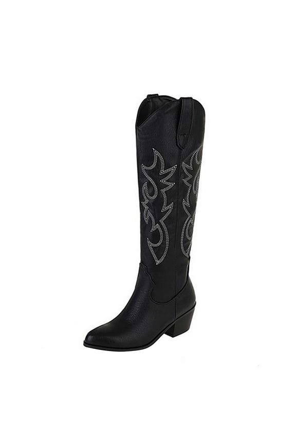 Western Cowboy Boots for Women Pointed Toe Knee High Wide Calf Classic Pull On Cowgirl Booties