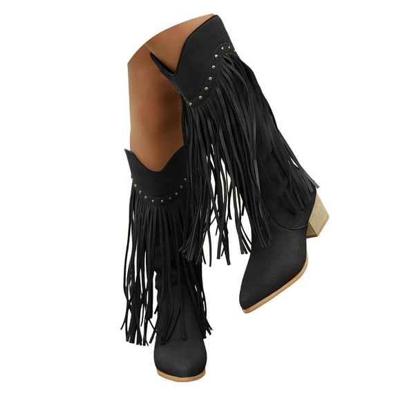 Chenyee Women Western Tassel Cowboy Boots Leopard Print Pointed Toe Studded Pull On Knee High Boots
