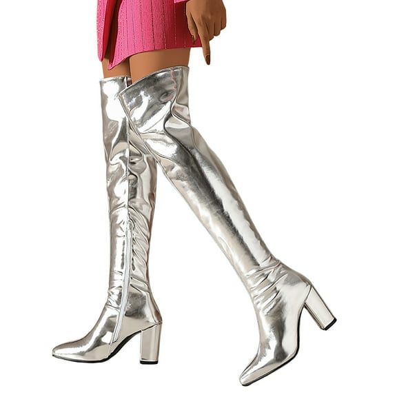 Chenyee Women Wide Calf Thigh High Boots Fashion Metallic Pointed Toe High Heels Over the Knee Boots