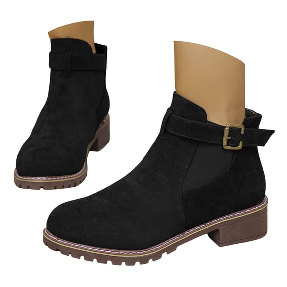 Chenyee Women's Ankle Boots Chunky Low Heel Fashion Suede Slip On Buckle Short Dress Booties