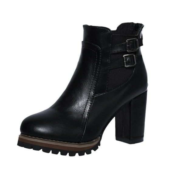 Chenyee Women's Ankle Boots Comfortable High Heel Buckle Strap Dress Booties with Back Zipper
