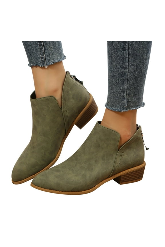 Women's Ankle Boots Fashion Pointed Toe Suede Low Block Heel Back Zipper Dress Short Booties