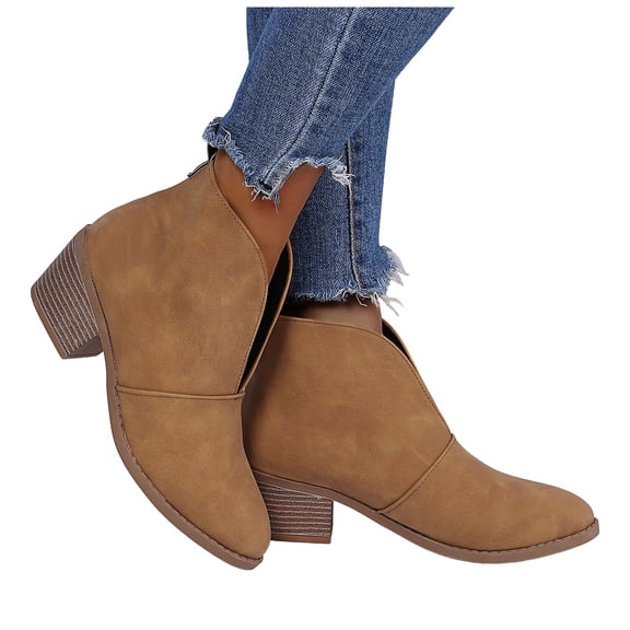 Chenyee Women's Ankle Boots Mid Stack Heel Pointed Toe Faux Suede Dress Slip On Short Booties