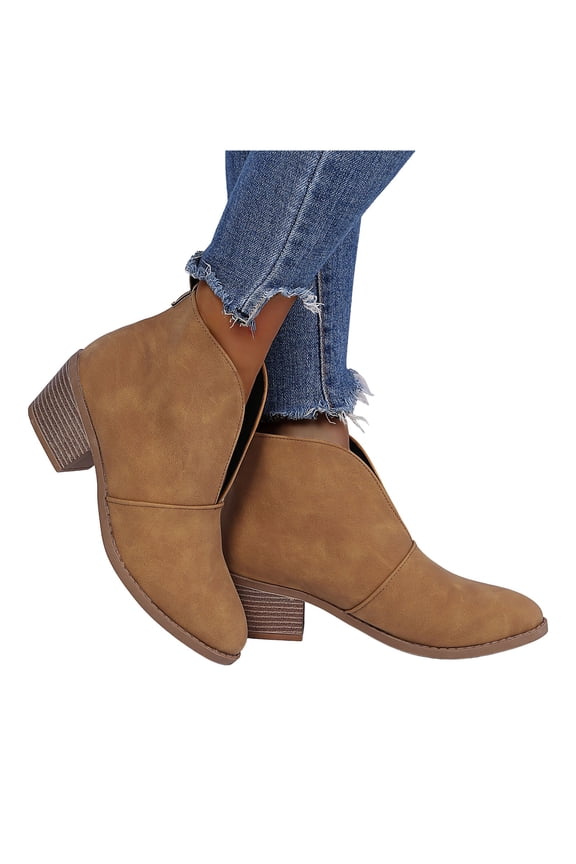 Women's Ankle Boots Mid Stack Heel Pointed Toe Faux Suede Dress Slip On Short Booties