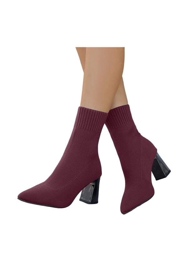 Women's Ankle Boots Pointed Toe High Heel Stretchy Mid Calf Knitting Sock Booties
