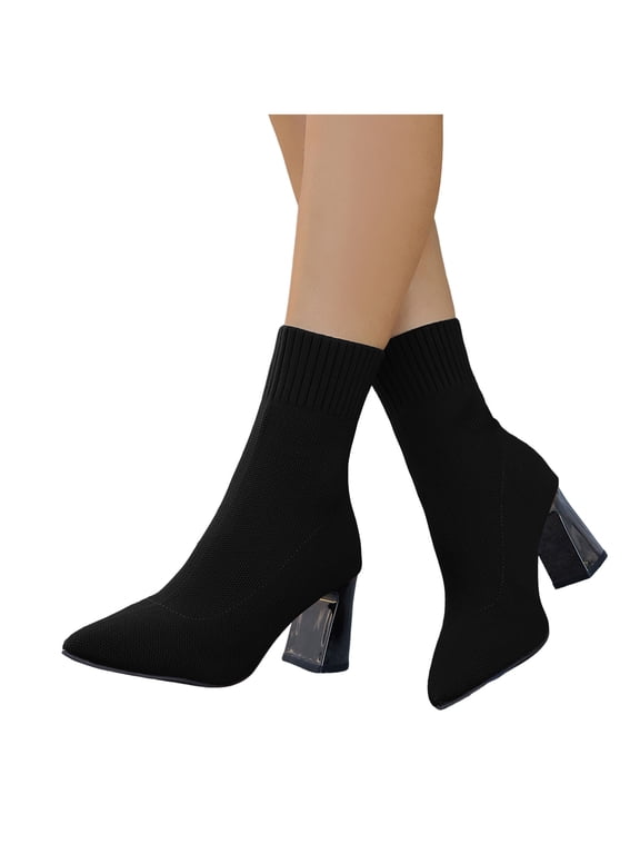 Women's Ankle Boots Pointed Toe High Heel Stretchy Mid Calf Knitting Sock Booties