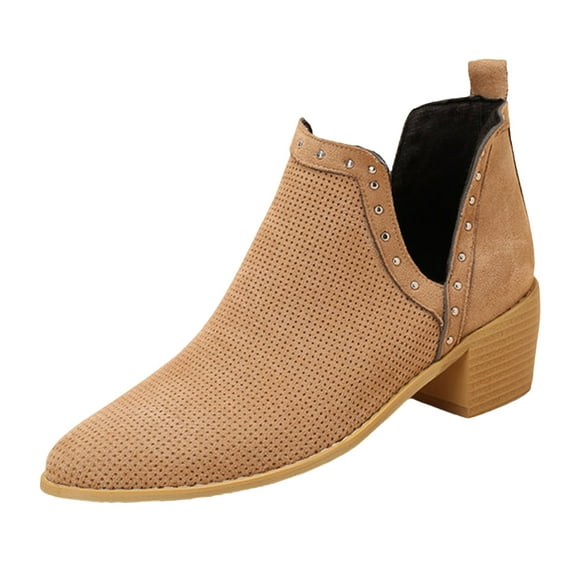 Chenyee Women's Ankle Boots Slip on Leather Cutout Pointed Toe Studed Stacked Low Heel Short Booties