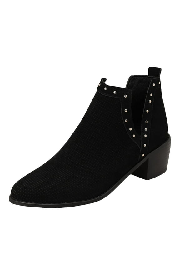 Women's Ankle Boots Slip on Leather Cutout Pointed Toe Studed Chunky Stacked Low Heel Short Booties
