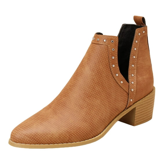 Chenyee Women's Ankle Boots Slip on Leather Cutout Pointed Toe Studed Stacked Low Heel Short Booties