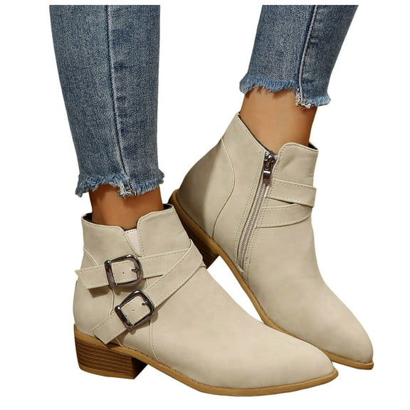 Chenyee Women's Ankle Boots Zip Up Buckle Strap Low Chunky Heel Pointed Toe Suede Short Booties