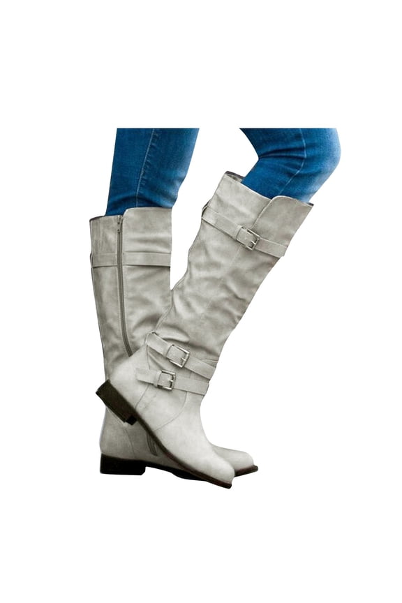 Women’s Block Low Heel Knee High Boots Zipper Closure with Buckle Fashion Riding Boots