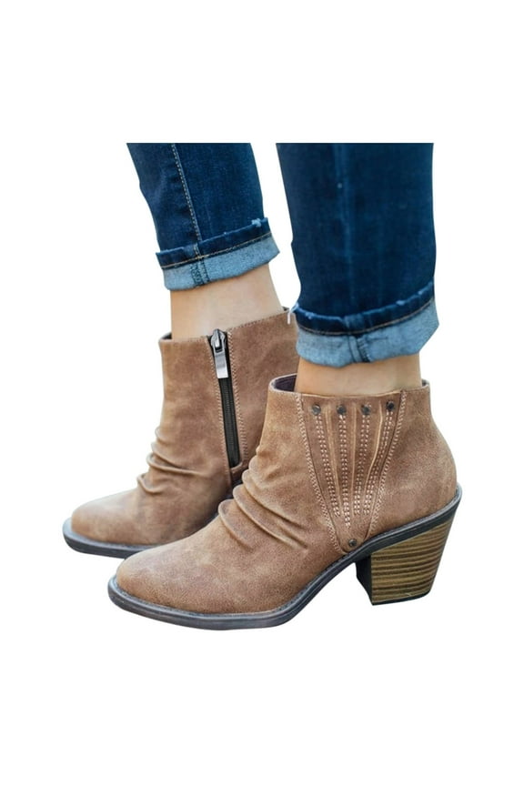 Women's Chunky Low Heel Ankle Boots Ruched Classic Slip On Side Zipper Dress Booties