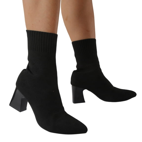 Chenyee Women's Mid Heel Ankle Boots Pointed Toe Stretchy Knit Mid Calf Sock Booties