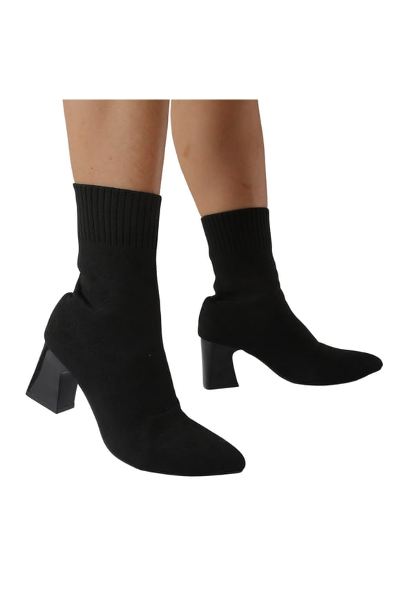 Women's Mid Heel Ankle Boots Pointed Toe Stretchy Knit Mid Calf Sock Booties