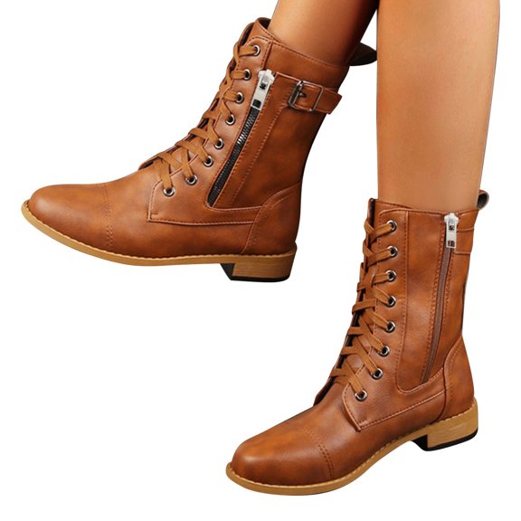 Chenyee Women’s Combat Boots Lace Up Mid Calf Low Heel Chunky Platform Lug Sole Motocycle Booties