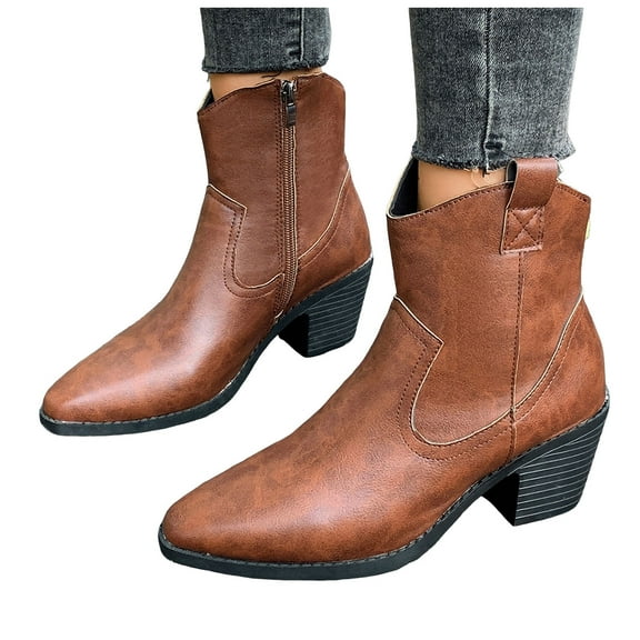 Chenyee Women's Cowboy Boots Pointed Toe Stack Heel Western Mid Calf Zip Up Leather Chelsea Booties