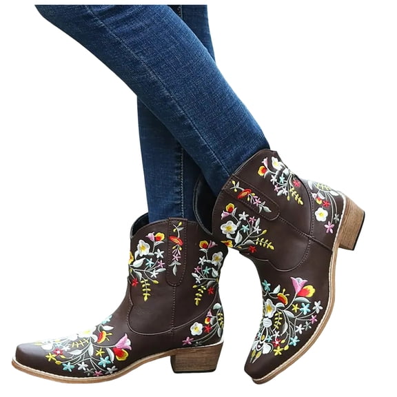 Chenyee Women's Flower Embroidered Ankle Cowboy Boots Pointed Toe Chunky Heel Pull On Ankle Booties