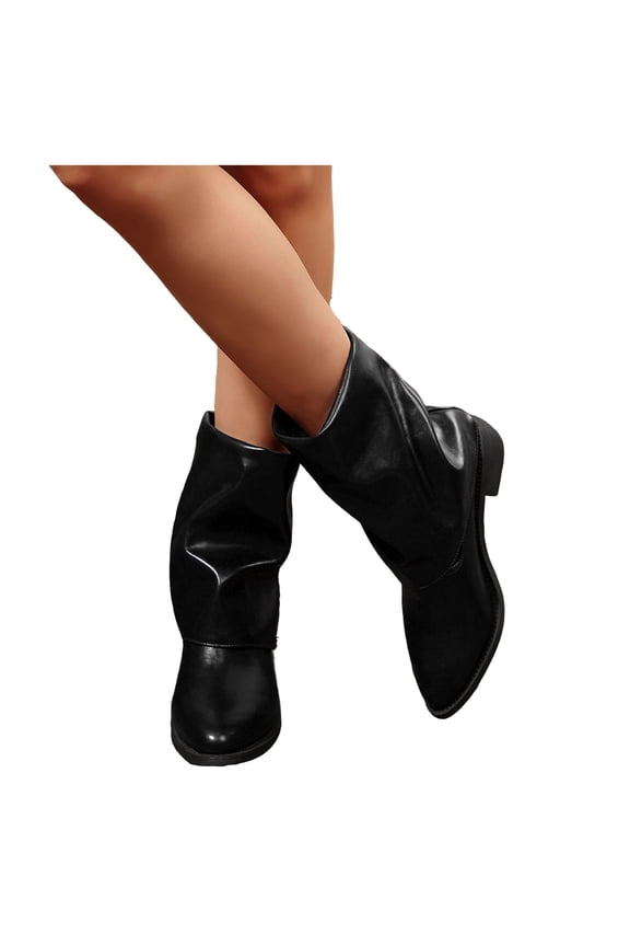 Women's Fold Over Boots Slouch Block Heel Pointed Toe Wide Calf Pull On Mid Calf Booties