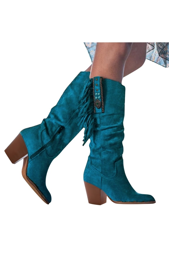 Women's Fringe Western Boots Ponted Toe High Heel Suede Tassle Knee High Booties