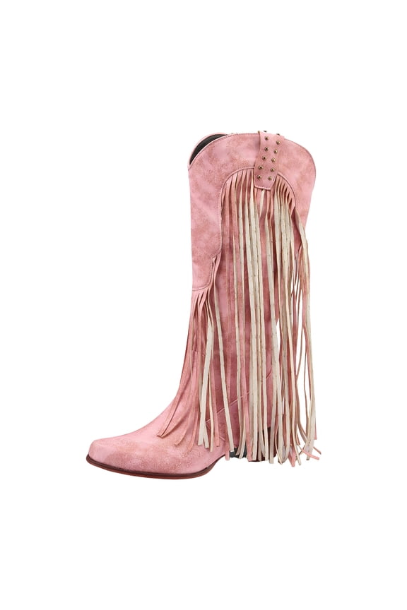 Women's Fringe Western Cowboy Boots Wide Calf Low Heel Fashion Studded Riding Booties