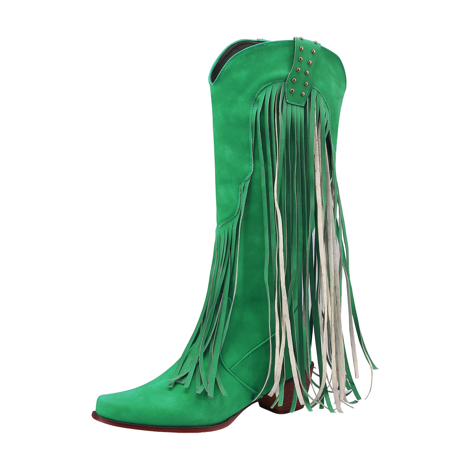 Chenyee Women's Fringe Western Cowboy Boots Wide Calf Low Heel