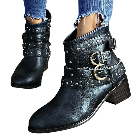 Chenyee Women's Gothic Leather Block Heel Ankle Boots Fashion Studded Ankle Strap Punk Motorcycle Short Booties