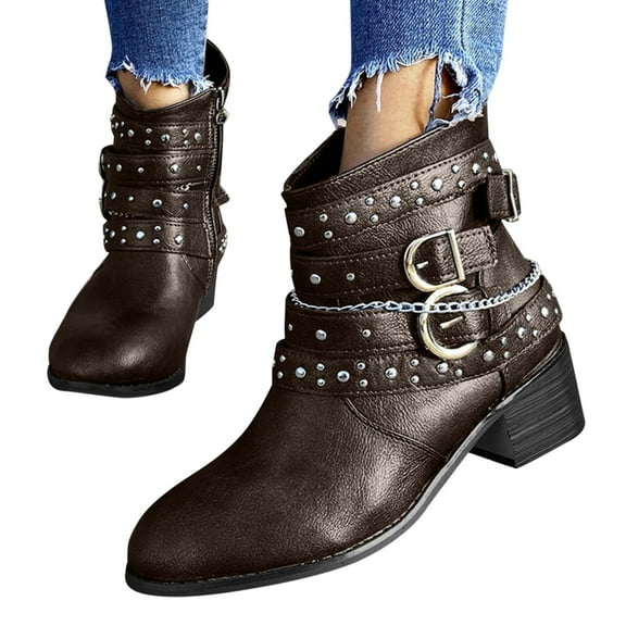 Chenyee Women's Gothic Leather Block Heel Ankle Boots Fashion Studded Ankle Strap Punk Motorcycle Short Booties
