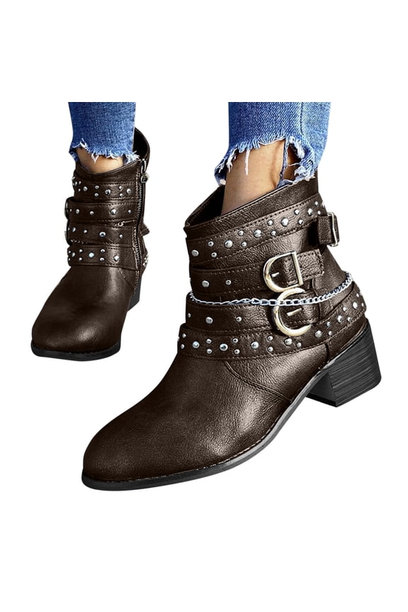 Women's Gothic Leather Block Heel Ankle Boots Fashion Studded Ankle Strap Punk Motorcycle Short Booties