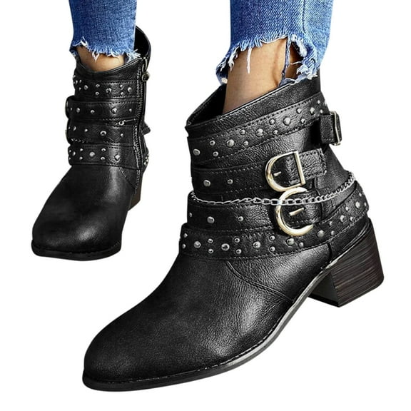 Chenyee Women's Gothic Leather Block Heel Ankle Boots Fashion Studded Ankle Strap Punk Motorcycle Short Booties