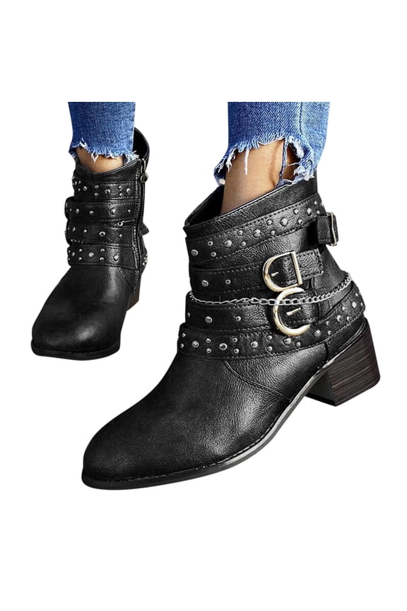 Women's Gothic Leather Block Heel Ankle Boots Fashion Studded Ankle Strap Punk Motorcycle Short Booties