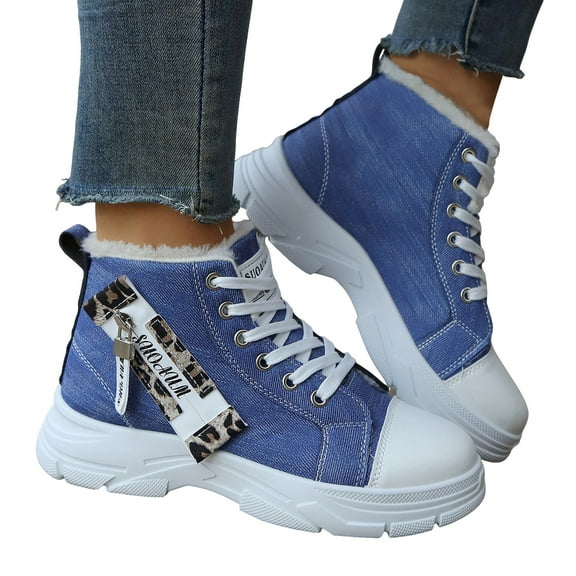 Chenyee Women's High Top Lace Up Walking Shoes Comfortable Fleece Lined Mid Calf Flat Canvas Sneakers