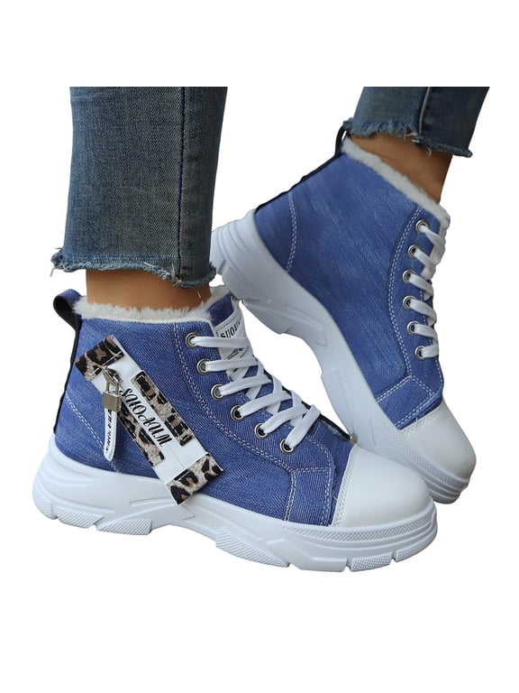 Women's High Top Lace Up Walking Shoes Comfortable Fleece Lined Mid Calf Flat Canvas Sneakers