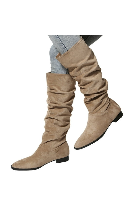 Women's Knee High Boots Flat Low Heel Slouchy Pointed Toe Winter Shoes with Side Zipper