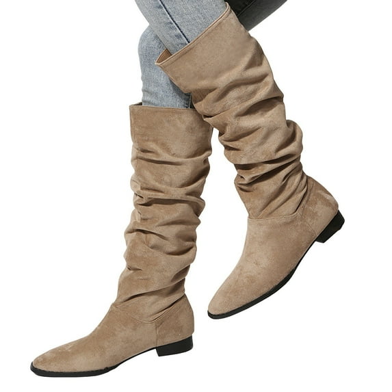 Chenyee Women's Knee High Boots Flat Low Heel Slouchy Pointed Toe Winter Shoes with Side Zipper