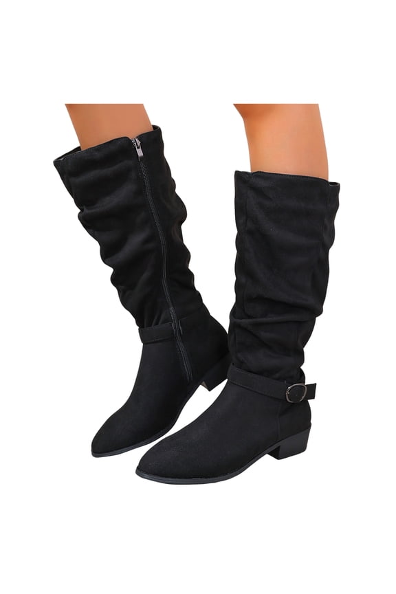Women's Knee High Boots Wide Calf Low Heel Slouchy Pointed Toe Riding Booties