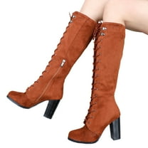 Chenyee Women's Knee High Combat Boots Vintage Lace Up Chunky High Heel Suede Riding Motorcycle Booties