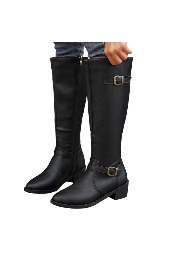 Women's Knee High Riding Boots Wide Calf Pointed Toe Low Heel Pull On Buckle Strap Motorcycle Booties