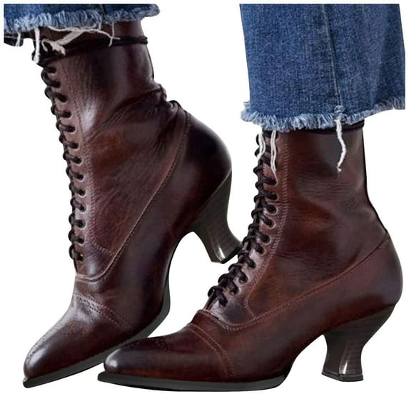 Chenyee Women's Lace Up Ankle Boots Knee High Pointed Toe Fashion Mid Kitten Heel Dress Booties