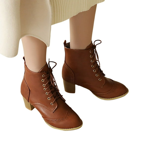 Chenyee Women's Lace Up Ankle Boots Pointed Toe Chunky Heel Short Booties Comfortable Dress Shoes