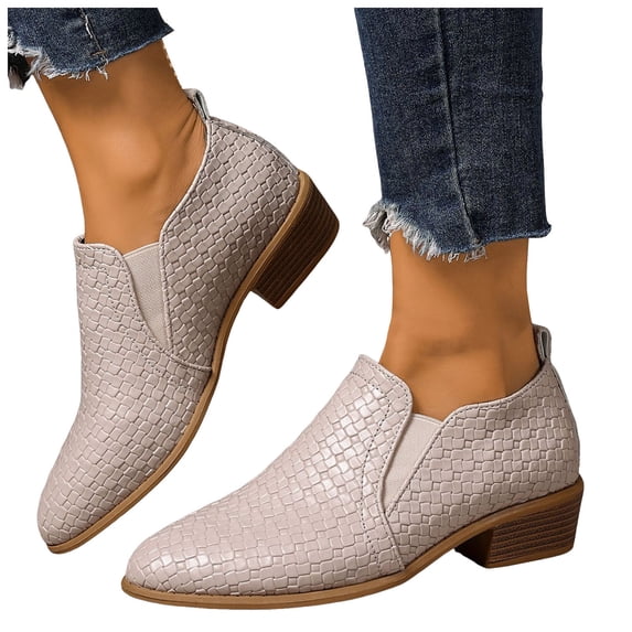 Chenyee Women's Leather Ankle Boots Low Chunky Heel Pointed Toe Comfortable Slip On Business Short Booties