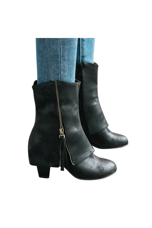 Women's Mid Calf Boots Zip Up Leather Pointed Toe Low Block Heel Fold Over Booties
