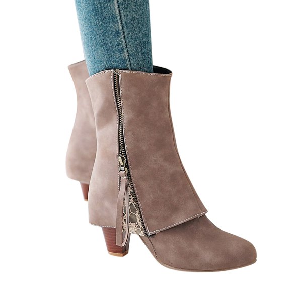Chenyee Women's Mid Calf Boots Zip Up Leather Pointed Toe Low Block Heel Fold Over Booties