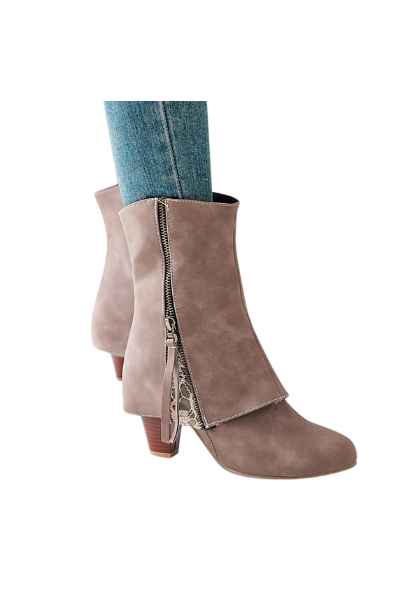 Women's Mid Calf Boots Zip Up Leather Pointed Toe Low Block Heel Fold Over Booties