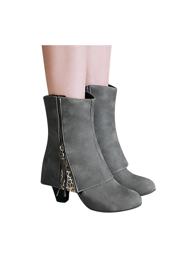 Women's Mid Calf Boots Zip Up Leather Pointed Toe Low Block Heel Fold Over Booties