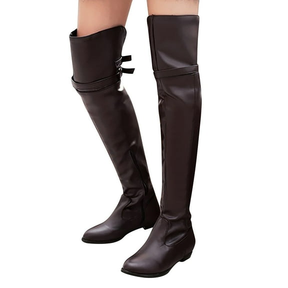 Chenyee Women's Over The Knee Boots Leather Low Block Heel Pointed Toe Long Stretch Thigh High Booties